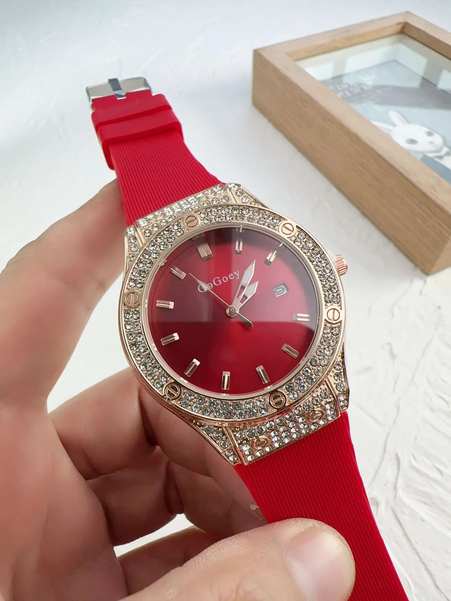 Red Full Diamond Women's Quartz Watch with Red Strap
