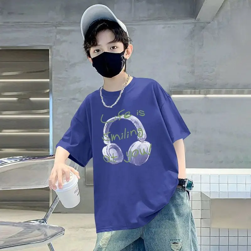 Blue Printed Cotton T-Shirt for Boys Summer Wear - Image 7