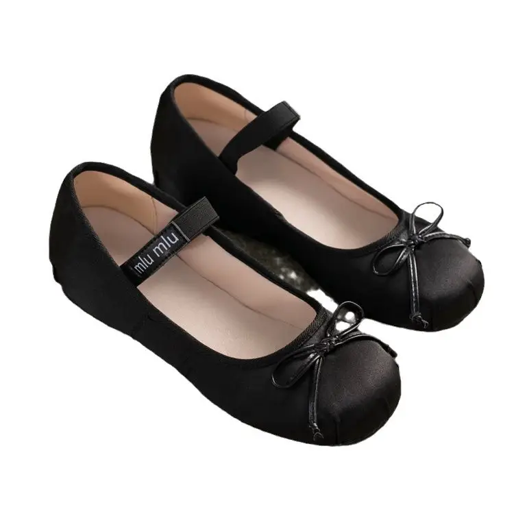 French Style Bow Thick Sole Height Increasing Shoes Women's 2025 Spring New Silk Satin Round Toe Ballet Mary Jane Shoes - Image 9
