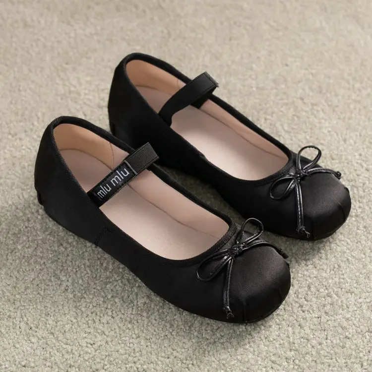 French Style Bow Thick Sole Height Increasing Shoes Women's 2025 Spring New Silk Satin Round Toe Ballet Mary Jane Shoes — feature 12
