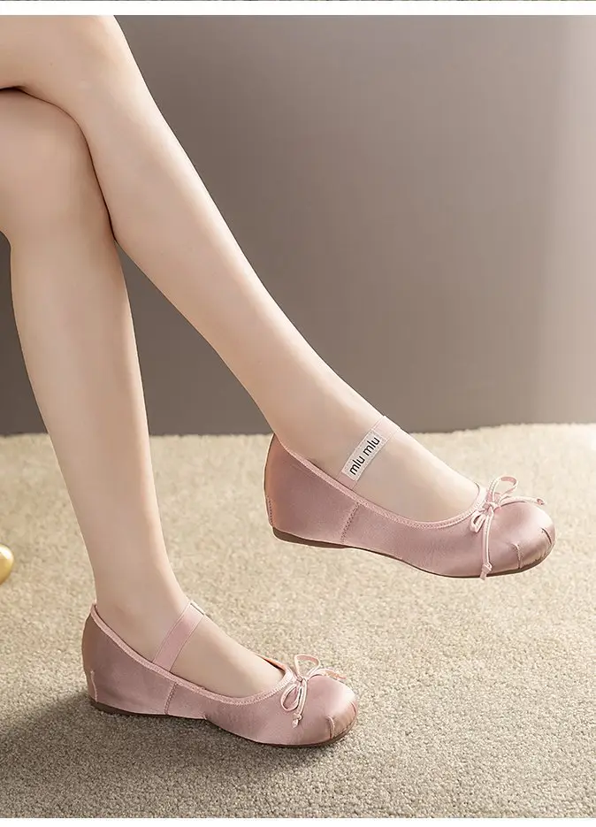 French Style Bow Thick Sole Height Increasing Shoes Women's 2025 Spring New Silk Satin Round Toe Ballet Mary Jane Shoes — feature 3