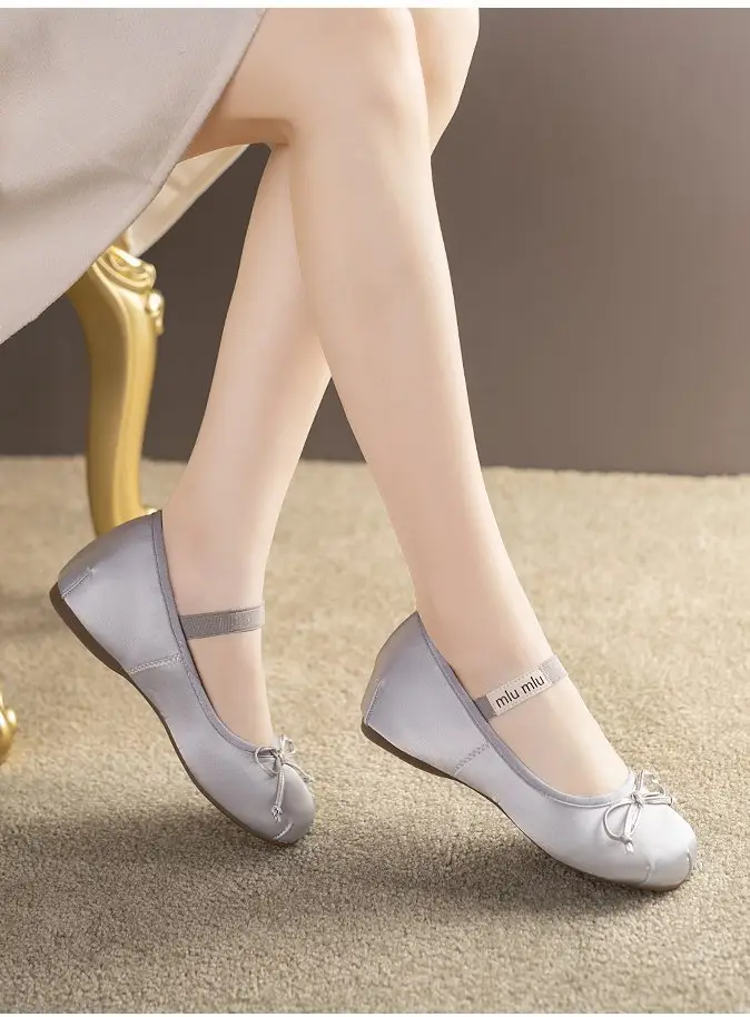 French Style Bow Thick Sole Height Increasing Shoes Women's 2025 Spring New Silk Satin Round Toe Ballet Mary Jane Shoes — feature 4