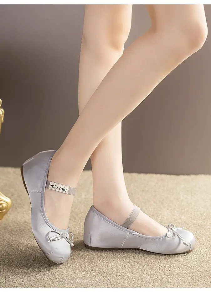 French Style Bow Thick Sole Height Increasing Shoes Women's 2025 Spring New Silk Satin Round Toe Ballet Mary Jane Shoes — feature 5