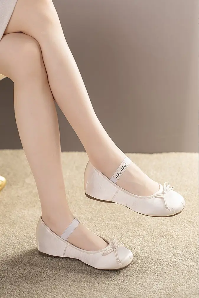 French Style Bow Thick Sole Height Increasing Shoes Women's 2025 Spring New Silk Satin Round Toe Ballet Mary Jane Shoes — feature 7