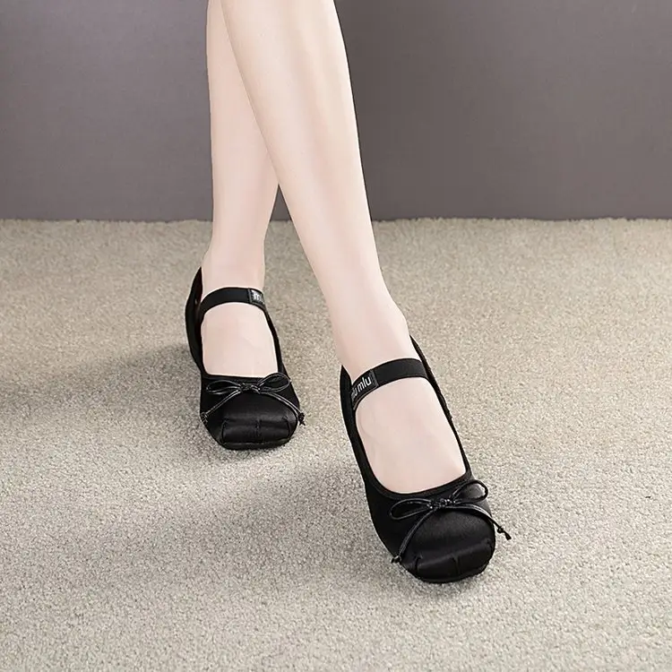French Style Bow Thick Sole Height Increasing Shoes Women's 2025 Spring New Silk Satin Round Toe Ballet Mary Jane Shoes — feature 8
