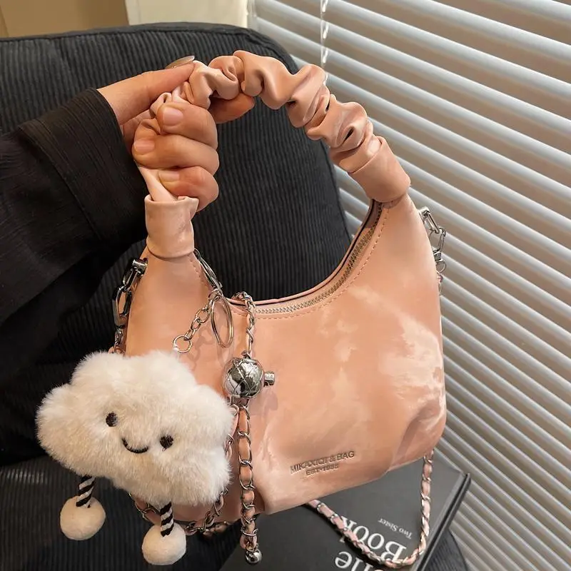 Women's Pink Velvet Shoulder Crossbody Bag with Cute Pom Pom - Image 5