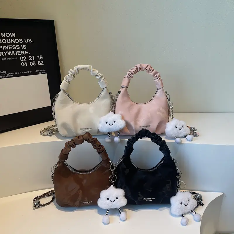 Women's Pink Velvet Shoulder Crossbody Bag with Cute Pom Pom - Image 6