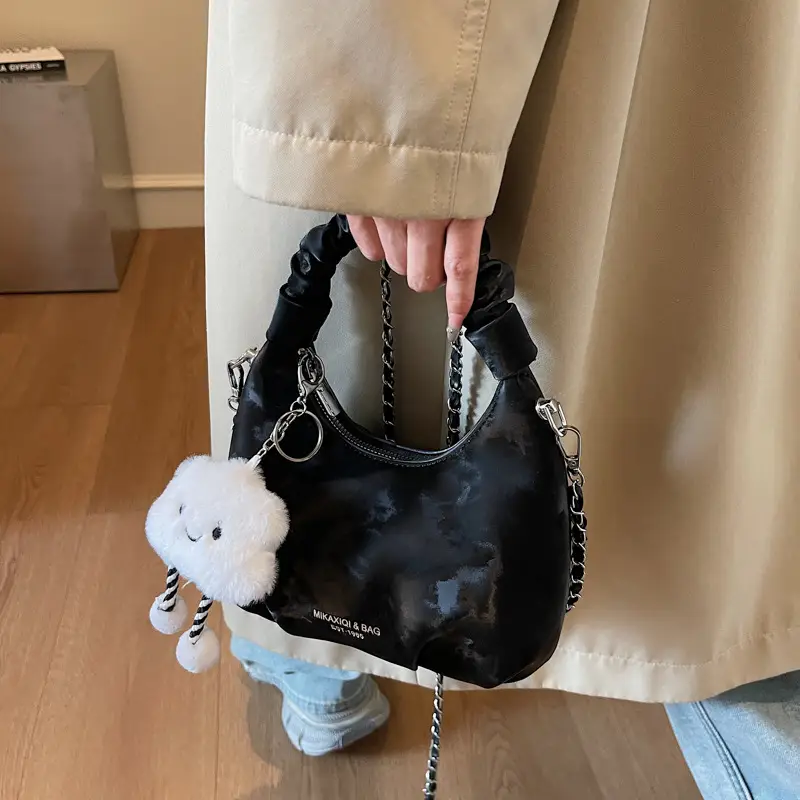 Women's Pink Velvet Shoulder Crossbody Bag with Cute Pom Pom - Image 7