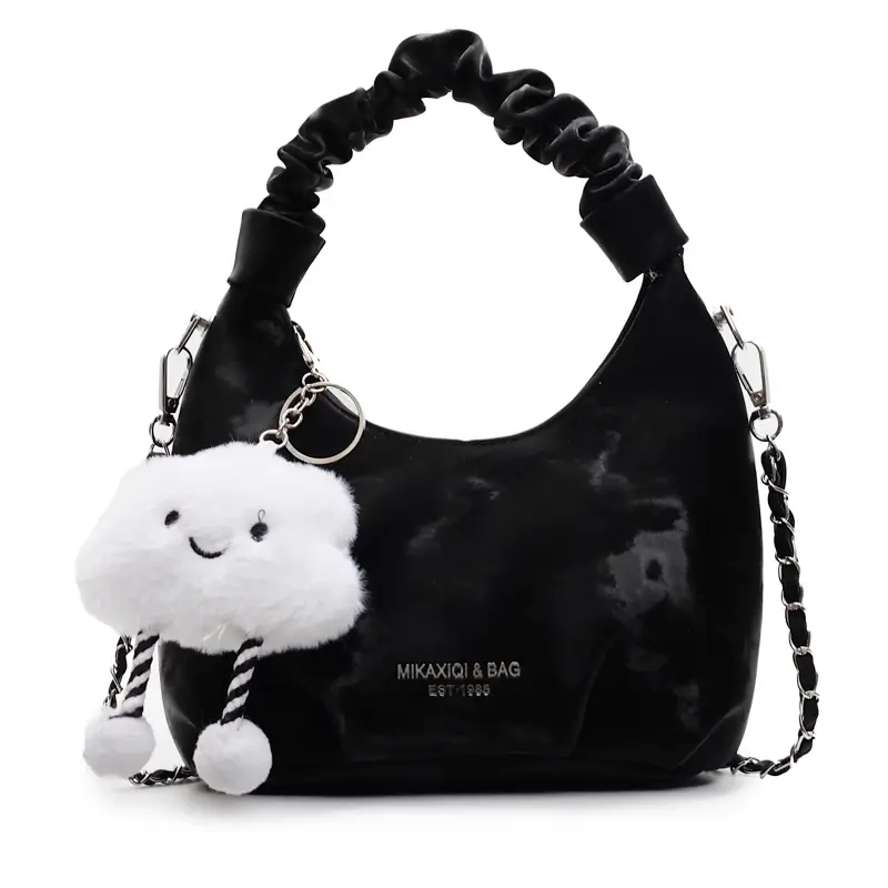 Women's Pink Velvet Shoulder Crossbody Bag with Cute Pom Pom - Image 9