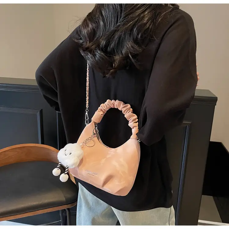 Women's Pink Velvet Shoulder Crossbody Bag with Cute Pom Pom — feature 12