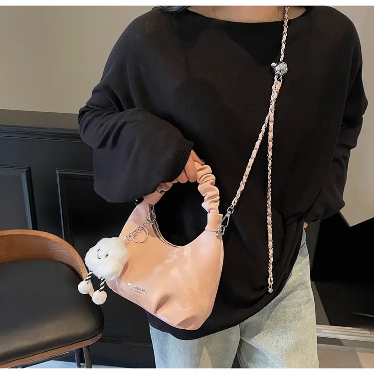 Women's Pink Velvet Shoulder Crossbody Bag with Cute Pom Pom — feature 13
