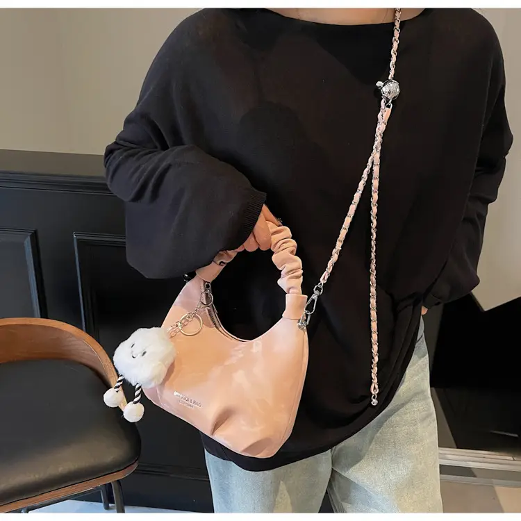 Women's Pink Velvet Shoulder Crossbody Bag with Cute Pom Pom — feature 14
