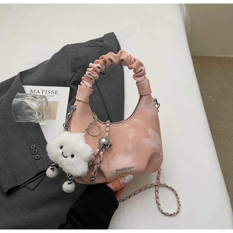 Women's Pink Velvet Shoulder Crossbody Bag with Cute Pom Pom — feature 22