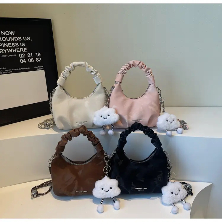 Women's Pink Velvet Shoulder Crossbody Bag with Cute Pom Pom — feature 25