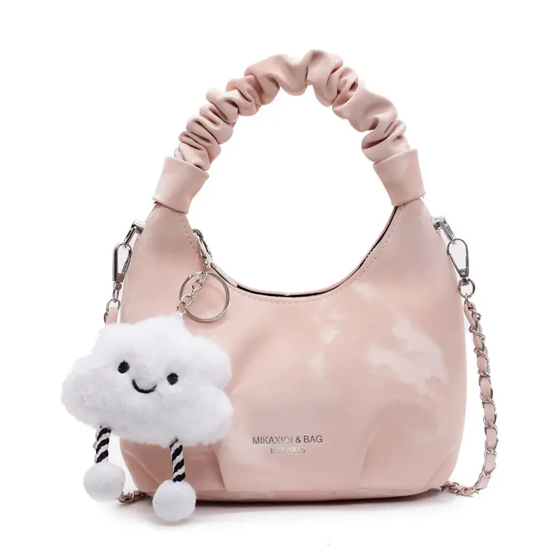 Women's Pink Velvet Shoulder Crossbody Bag with Cute Pom Pom - Image 3