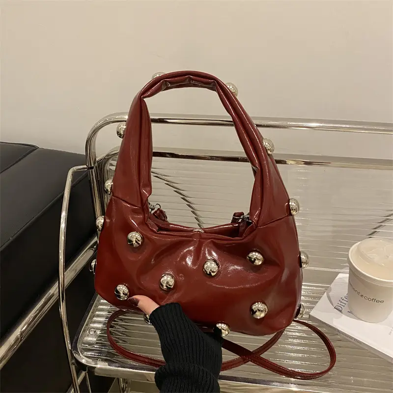 Women's Rivet Leather Shoulder Bag Cream Large Capacity - Image 8