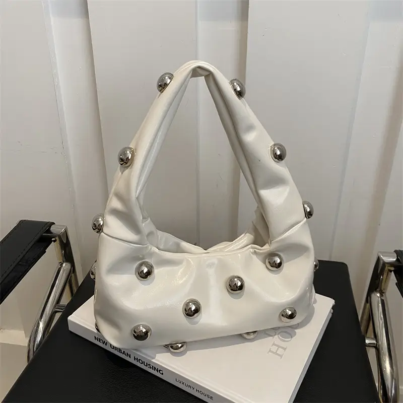 Women's Rivet Leather Shoulder Bag Cream Large Capacity — feature 15
