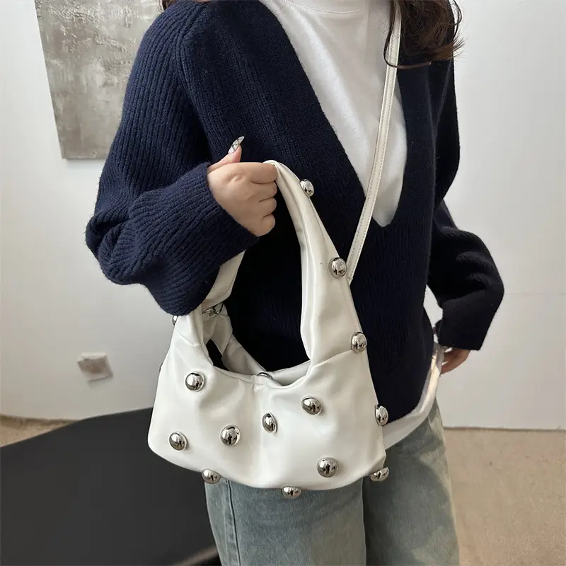 Women's Rivet Leather Shoulder Bag Cream Large Capacity — feature 22