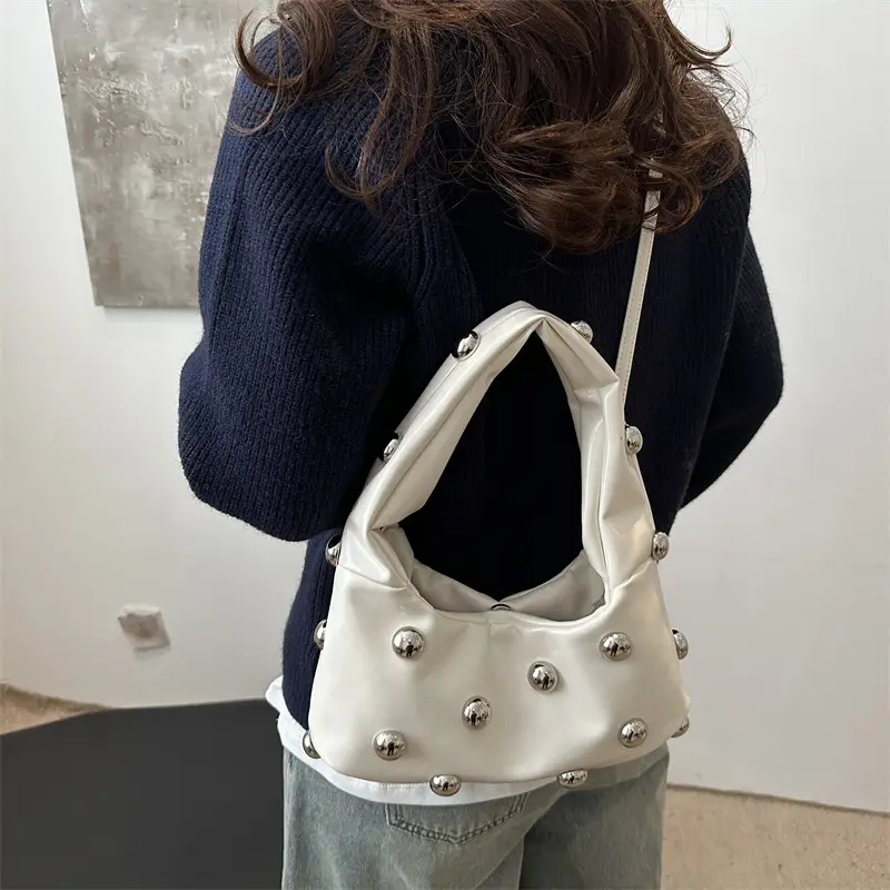 Women's Rivet Leather Shoulder Bag Cream Large Capacity — feature 23