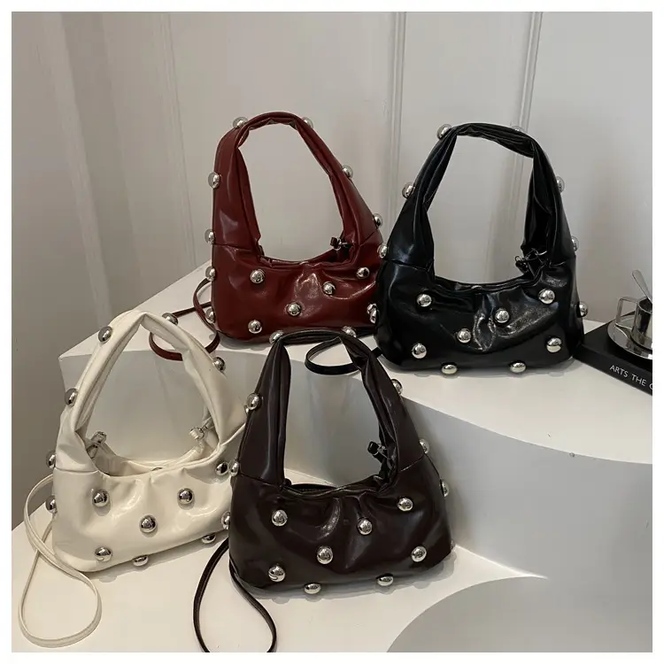 Women's Rivet Leather Shoulder Bag Cream Large Capacity — feature 4