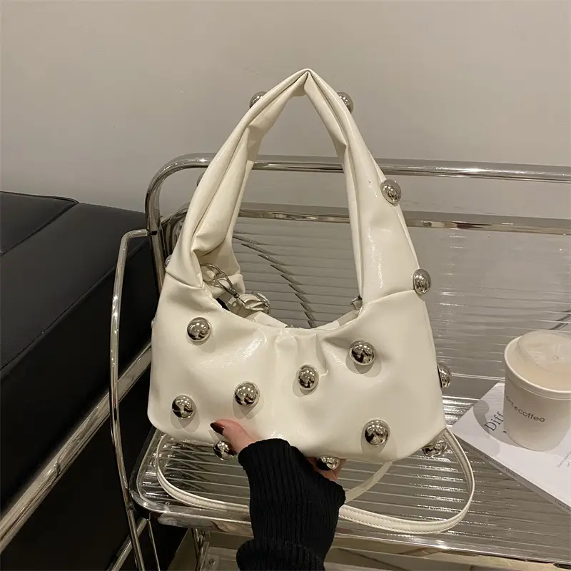 Women's Rivet Leather Shoulder Bag Cream Large Capacity - Image 2