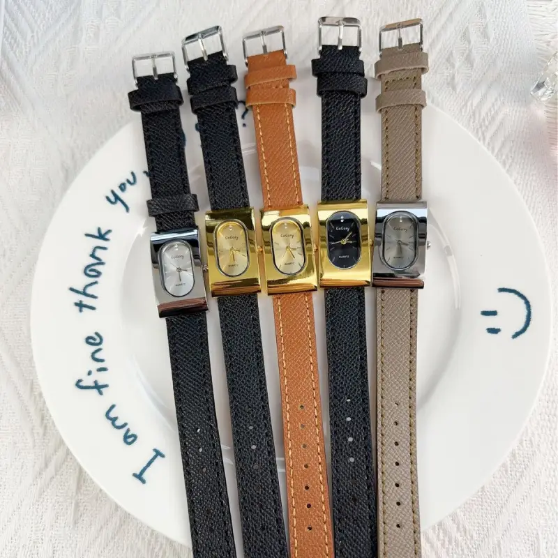 Women's Gold Metal Cold Watch with Black Strap