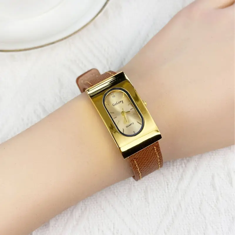 Women's Gold Metal Cold Watch with Black Strap