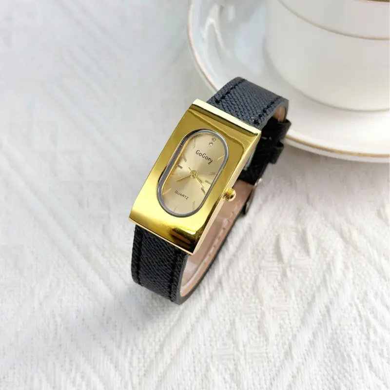 Women's Gold Metal Cold Watch with Black Strap