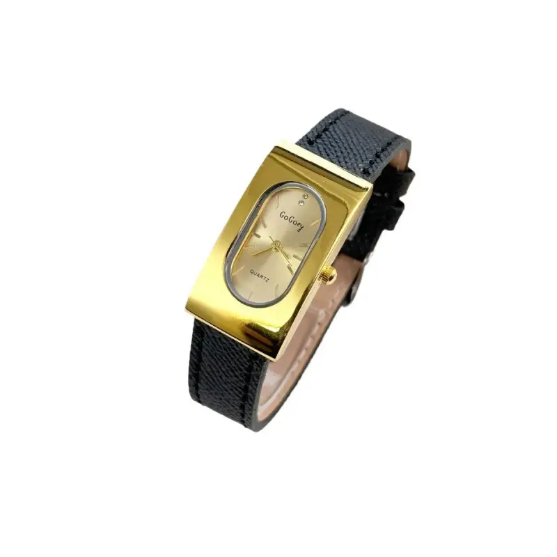 Women's Gold Metal Cold Watch with Black Strap