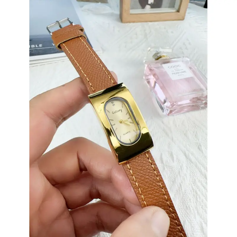 Women's Gold Metal Cold Watch with Black Strap