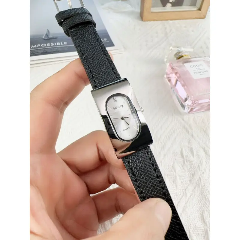 Women's Gold Metal Cold Watch with Black Strap