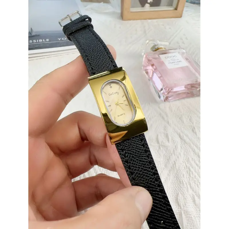 Women's Gold Metal Cold Watch with Black Strap
