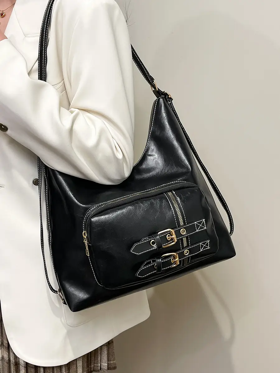 Women's Large Capacity Leather Tote Bag Brown Gold Clasp - Image 4