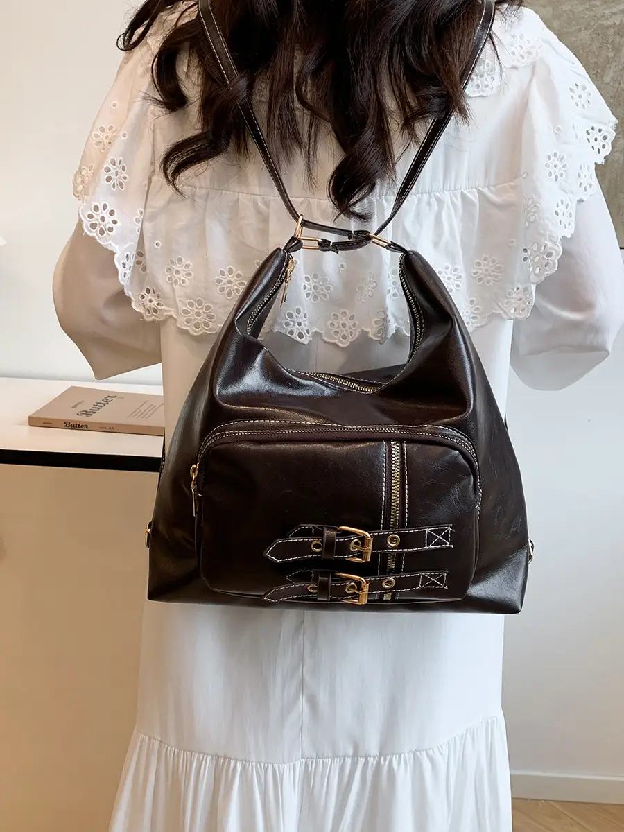Women's Large Capacity Leather Tote Bag Brown Gold Clasp - Image 5