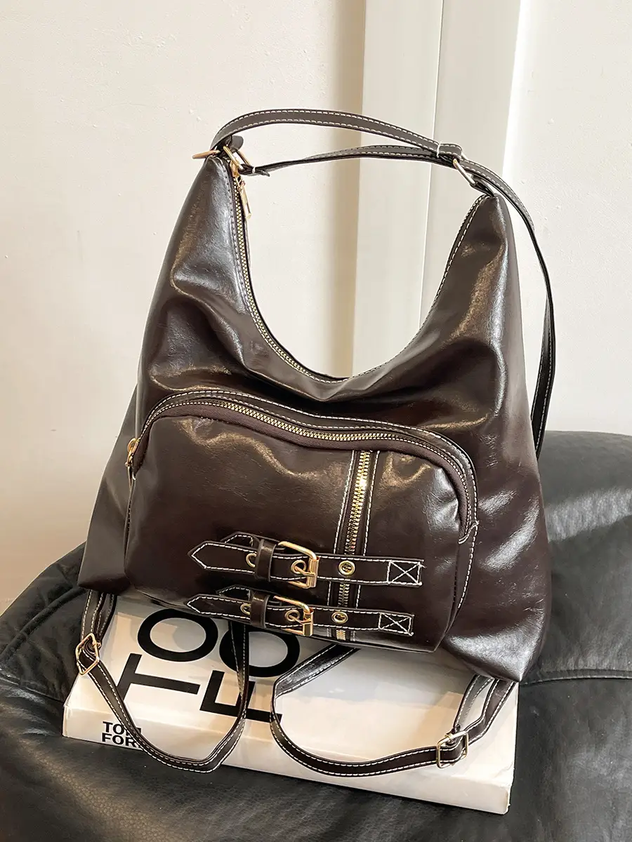 Women's Large Capacity Leather Tote Bag Brown Gold Clasp - Image 6