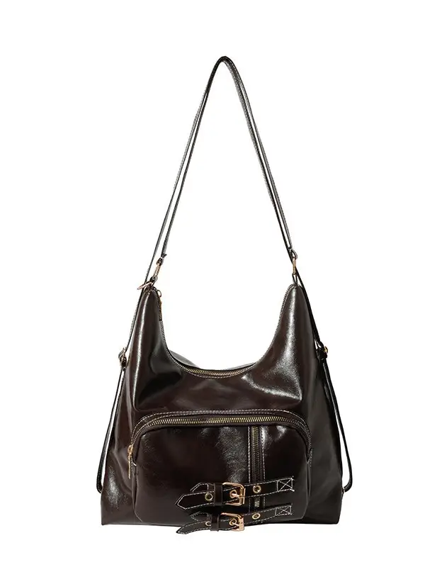 Women's Large Capacity Leather Tote Bag Brown Gold Clasp - Image 7