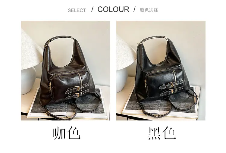 Women's Large Capacity Leather Tote Bag Brown Gold Clasp — feature 3