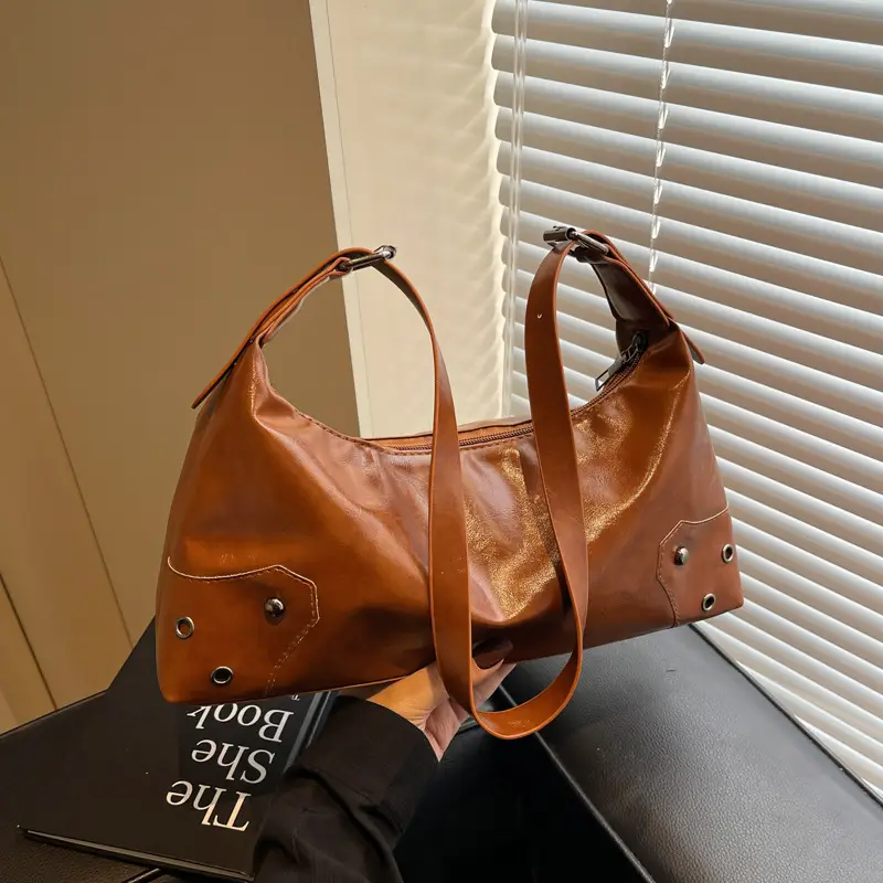 American Style Brown Leather Shoulder Bag with Rivets - Image 4
