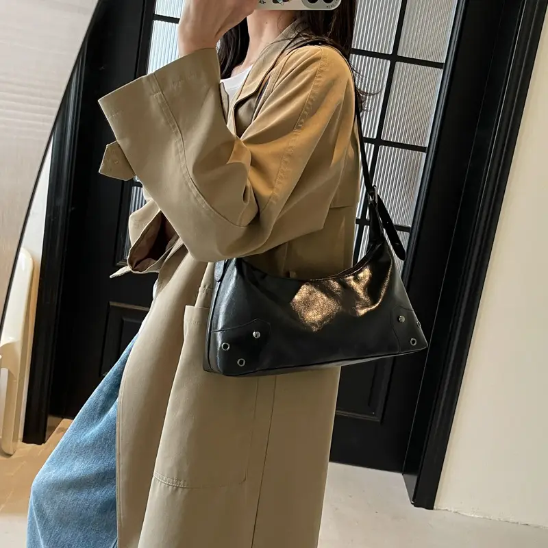 American Style Brown Leather Shoulder Bag with Rivets - Image 5