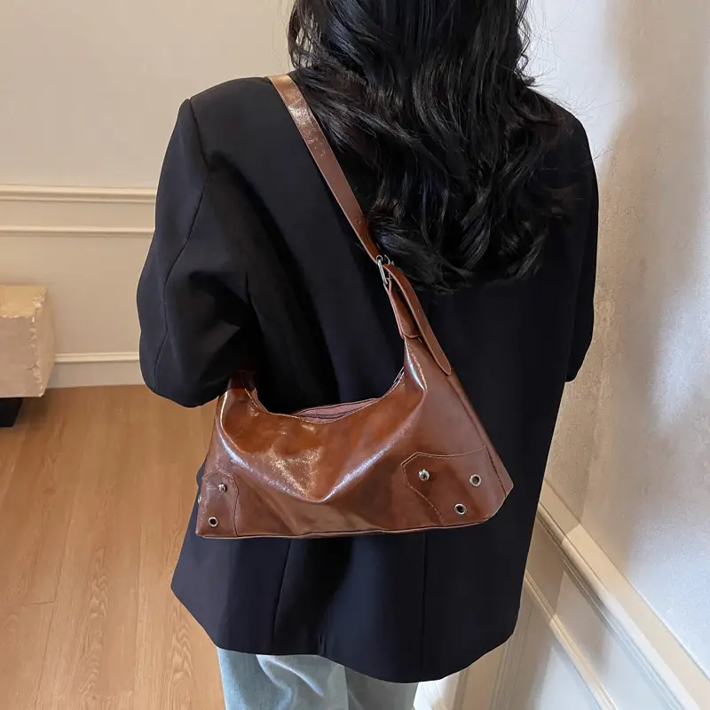 American Style Brown Leather Shoulder Bag with Rivets - Image 6