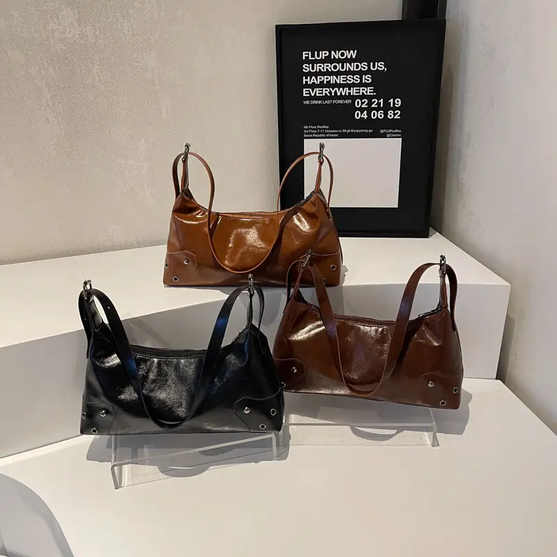 American Style Brown Leather Shoulder Bag with Rivets - Image 7