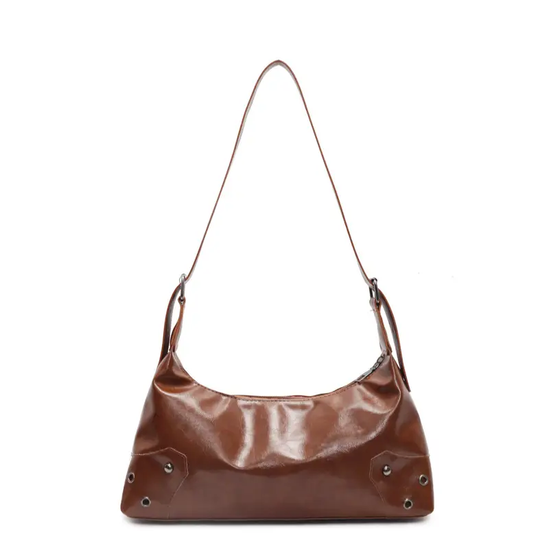 American Style Brown Leather Shoulder Bag with Rivets - Image 8