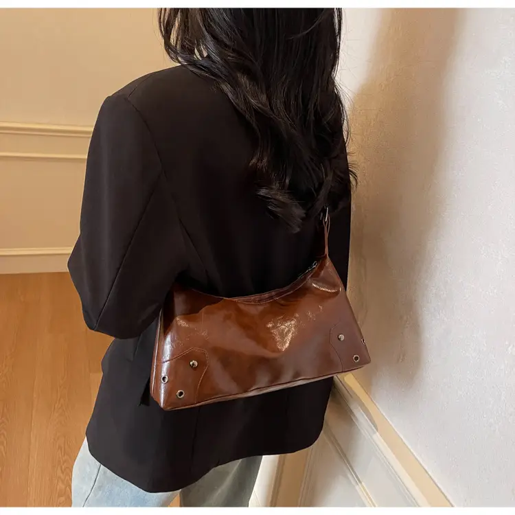 American Style Brown Leather Shoulder Bag with Rivets — feature 13