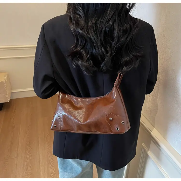 American Style Brown Leather Shoulder Bag with Rivets — feature 14