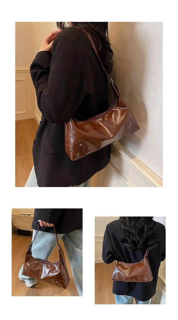 American Style Brown Leather Shoulder Bag with Rivets — feature 17