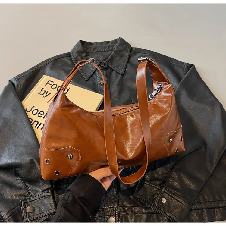 American Style Brown Leather Shoulder Bag with Rivets — feature 20