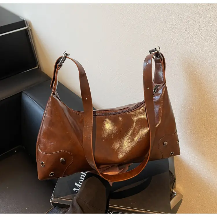 American Style Brown Leather Shoulder Bag with Rivets — feature 22