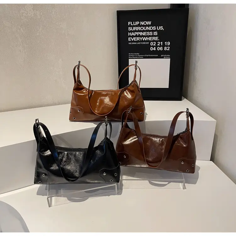 American Style Brown Leather Shoulder Bag with Rivets — feature 23