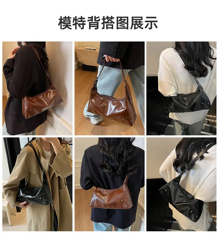 American Style Brown Leather Shoulder Bag with Rivets — feature 4