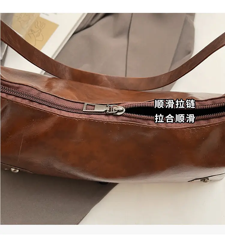 American Style Brown Leather Shoulder Bag with Rivets — feature 6